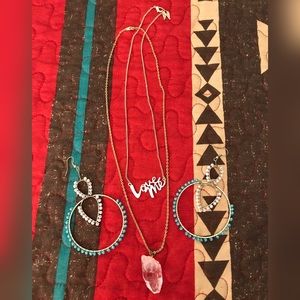 GOLD - Quartz Stone/Chain & Victoria Secret LOVE Necklace w/Lucky Brand Earrings